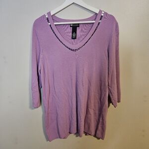Maggie Barnes Lilac Purple Long Sleeve V-Neck Top Beaded Casual
